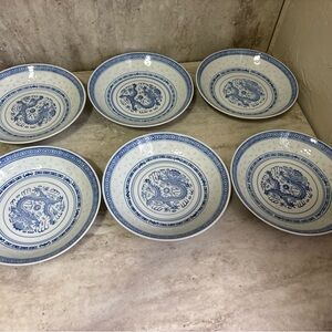 6 Vintage Jingdezhen China Porcelain Rice Eye Blue/White  Dragon 7.5” Diameter